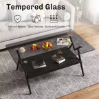 Table basse moderne à 2 niveaux avec plateau en verre trempé et pieds en métal robustes, table d'appoint centrale avec étagère ouverte pour le salon