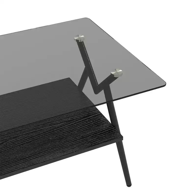 Table basse moderne à 2 niveaux avec plateau en verre trempé et pieds en métal robustes, table d'appoint centrale avec étagère ouverte pour le salon