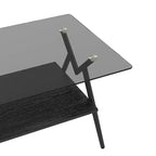 Table basse moderne à 2 niveaux avec plateau en verre trempé et pieds en métal robustes, table d'appoint centrale avec étagère ouverte pour le salon