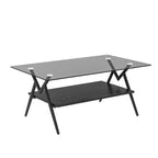 Table basse moderne à 2 niveaux avec plateau en verre trempé et pieds en métal robustes, table d'appoint centrale avec étagère ouverte pour le salon