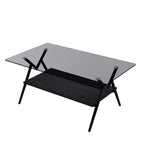 Table basse moderne à 2 niveaux avec plateau en verre trempé et pieds en métal robustes, table d'appoint centrale avec étagère ouverte pour le salon