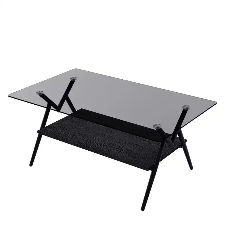 Table basse moderne à 2 niveaux avec plateau en verre trempé et pieds en métal robustes, table d'appoint centrale avec étagère ouverte pour le salon