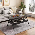 Table basse moderne à 2 niveaux avec plateau en verre trempé et pieds en métal robustes, table d'appoint centrale avec étagère ouverte pour le salon