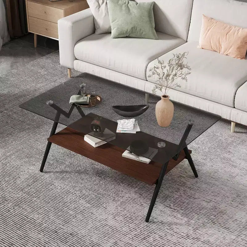 Table basse moderne à 2 niveaux avec plateau en verre trempé et pieds en métal robustes, table d'appoint centrale avec étagère ouverte pour le salon
