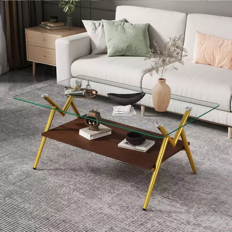 Okak Modern 2-Tier Coffee Table with Tempered Glass Top & Sturdy Metal Legs, Center Accent Table with Open Shelf for Living Room