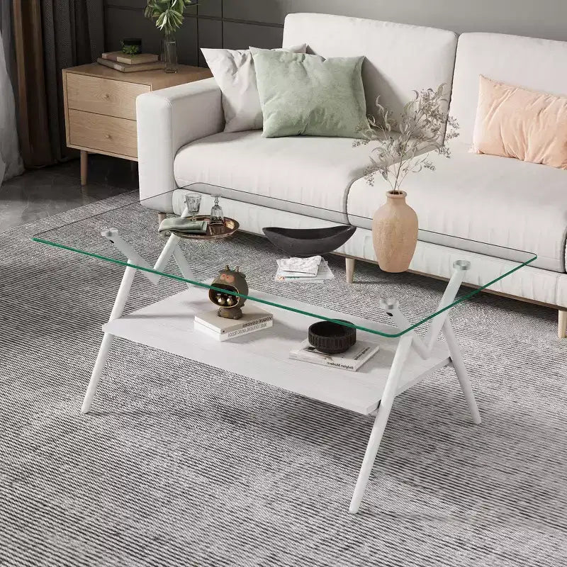 Table basse moderne à 2 niveaux avec plateau en verre trempé et pieds en métal robustes, table d'appoint centrale avec étagère ouverte pour le salon