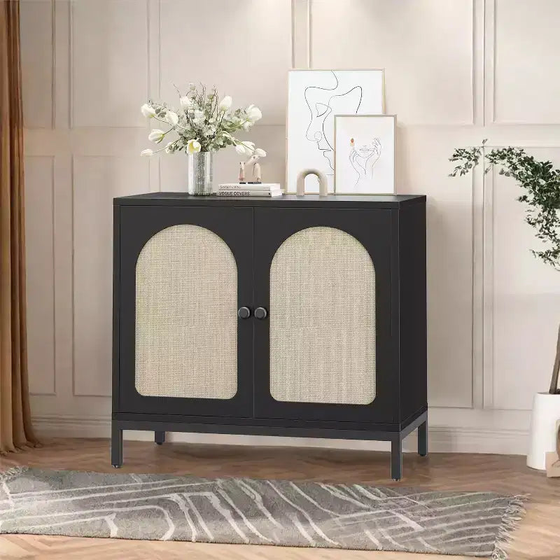 Buffet Cabinet with Adjustable Shelf, Storage Cabinet with Rattan Decor Doors, Accent Sideboard Buffet with Solid Wood Feet, for Hallway