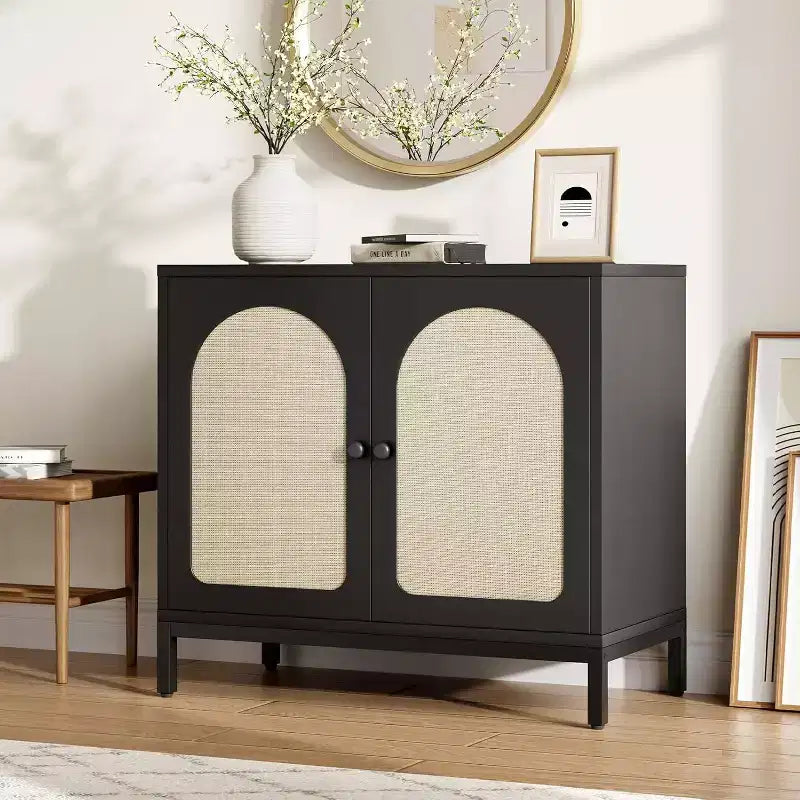 Meuble buffet avec étagère réglable, meuble de rangement avec portes décor rotin, buffet d'appoint avec pieds en bois massif, pour couloir