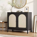 Meuble buffet avec étagère réglable, meuble de rangement avec portes décor rotin, buffet d'appoint avec pieds en bois massif, pour couloir