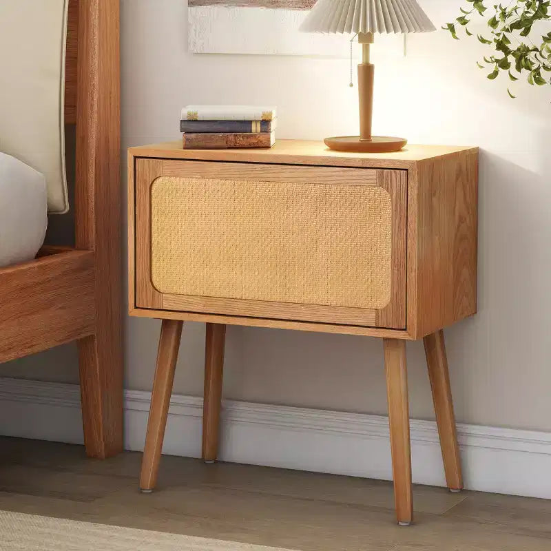 JVNOXK 22-inch Swivel Hidden Storage Bedside Table Mid-Century Modern Rattan Wood Leg Side Table Suitable for Bedrooms Natural Finish