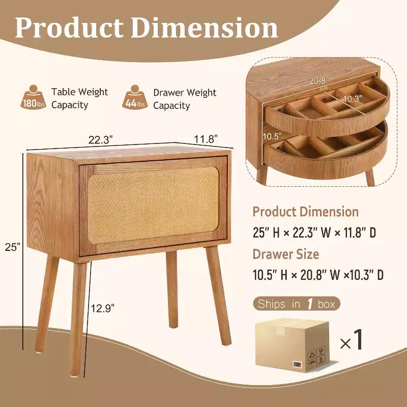 Table de chevet rotative de 22 pouces avec rangement caché, style moderne du milieu du siècle, pieds en rotin et bois, idéale pour les chambres, finition naturelle
