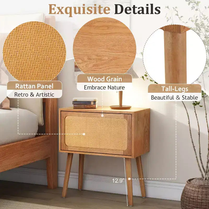 Table de chevet rotative de 22 pouces avec rangement caché, style moderne du milieu du siècle, pieds en rotin et bois, idéale pour les chambres, finition naturelle