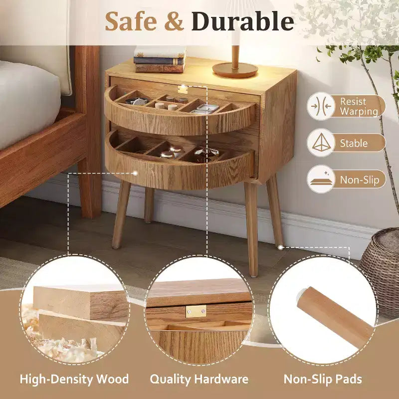Table de chevet rotative de 22 pouces avec rangement caché, style moderne du milieu du siècle, pieds en rotin et bois, idéale pour les chambres, finition naturelle