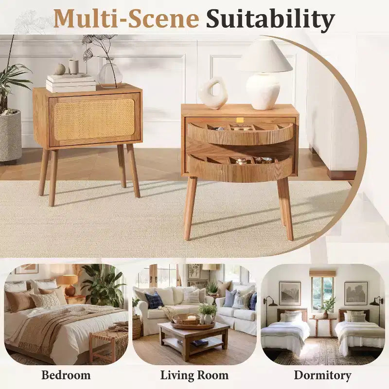 Table de chevet rotative de 22 pouces avec rangement caché, style moderne du milieu du siècle, pieds en rotin et bois, idéale pour les chambres, finition naturelle
