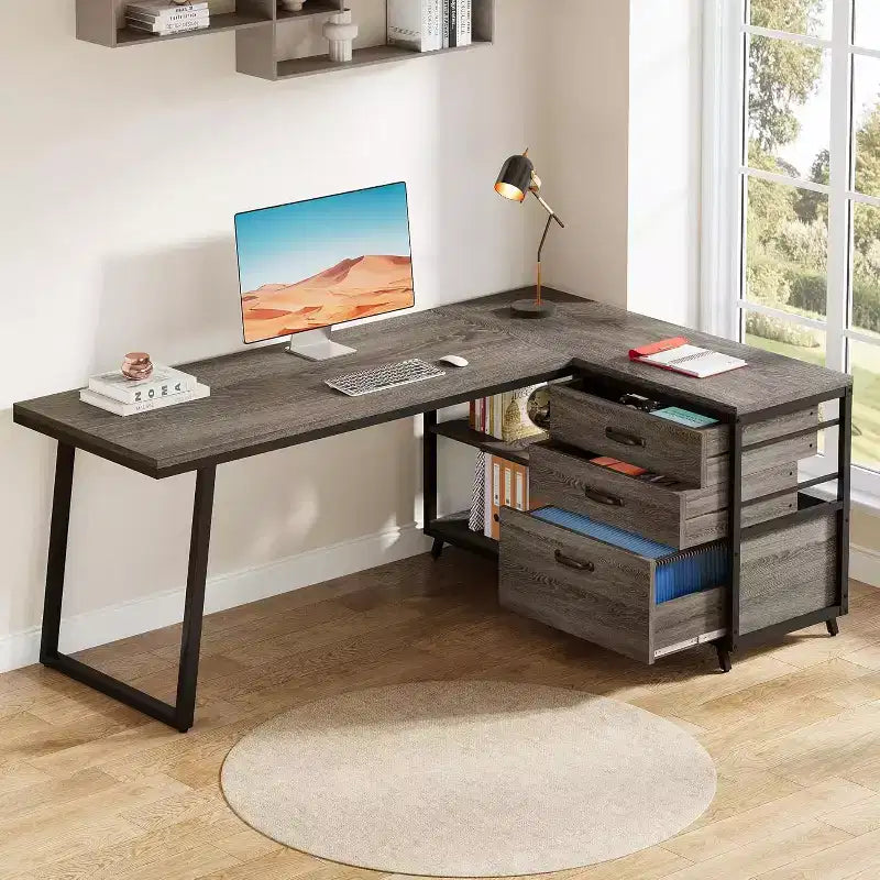 Lantine 53-Inch L-Shaped Office Desk, Reversible Corner Computer Desk with 3 File Drawers and 2 Storage Shelves for Home Office, Gaming Room, Grey
