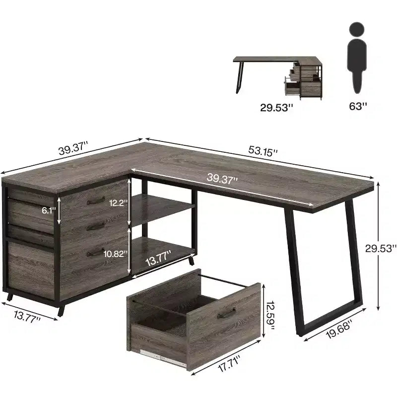 Bureau d'angle en L de 135 cm, bureau d'ordinateur réversible avec 3 tiroirs classeurs et 2 étagères de rangement pour bureau à domicile, salle de jeux, gris