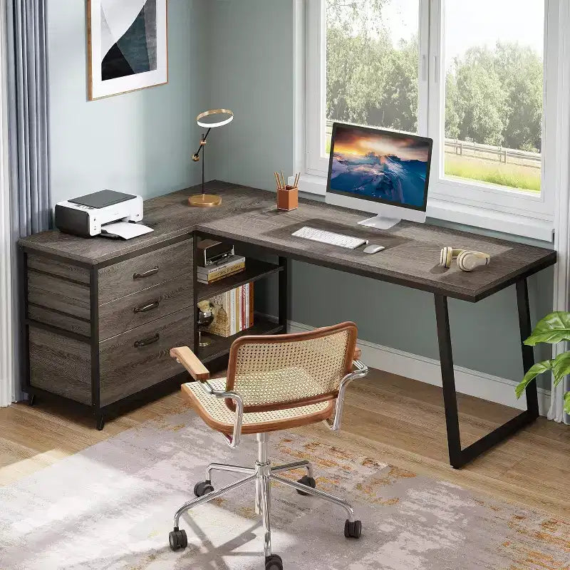 Bureau d'angle en L de 135 cm, bureau d'ordinateur réversible avec 3 tiroirs classeurs et 2 étagères de rangement pour bureau à domicile, salle de jeux, gris