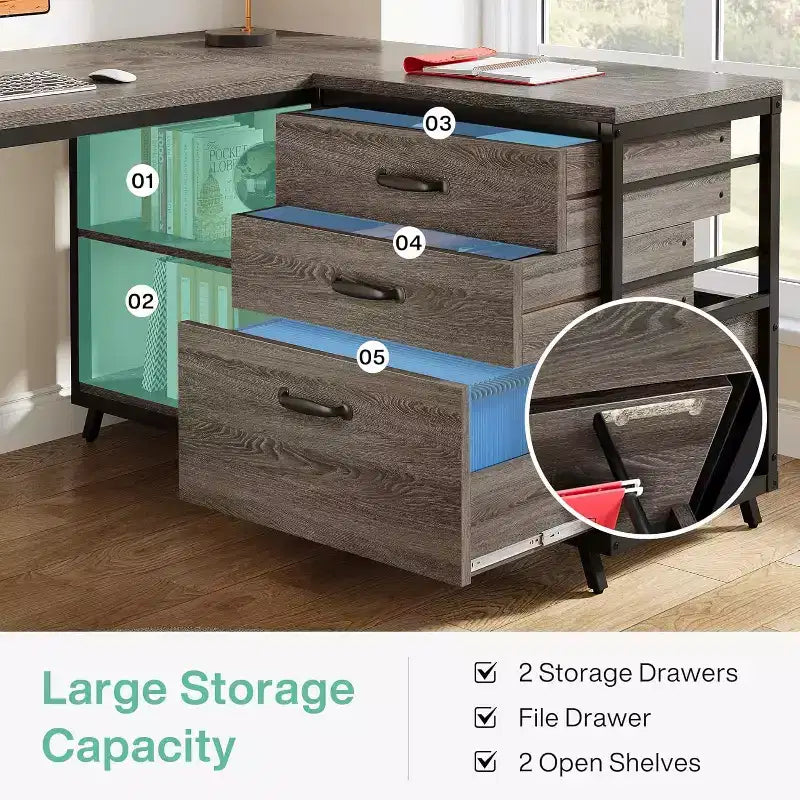 Bureau d'angle en L de 135 cm, bureau d'ordinateur réversible avec 3 tiroirs classeurs et 2 étagères de rangement pour bureau à domicile, salle de jeux, gris
