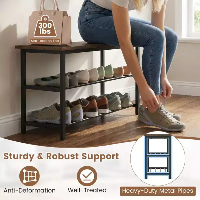 Banc à chaussures 3 niveaux avec cadre en métal robuste et siège supportant jusqu'à 136 kg pour entrée