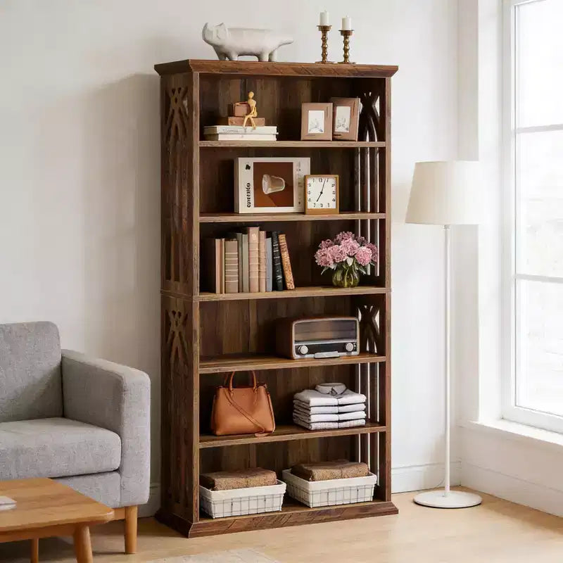 GDFStudio Hawthorne 6-Shelf Rustic Wood Bookshelf with Adjustable Storage Shelves