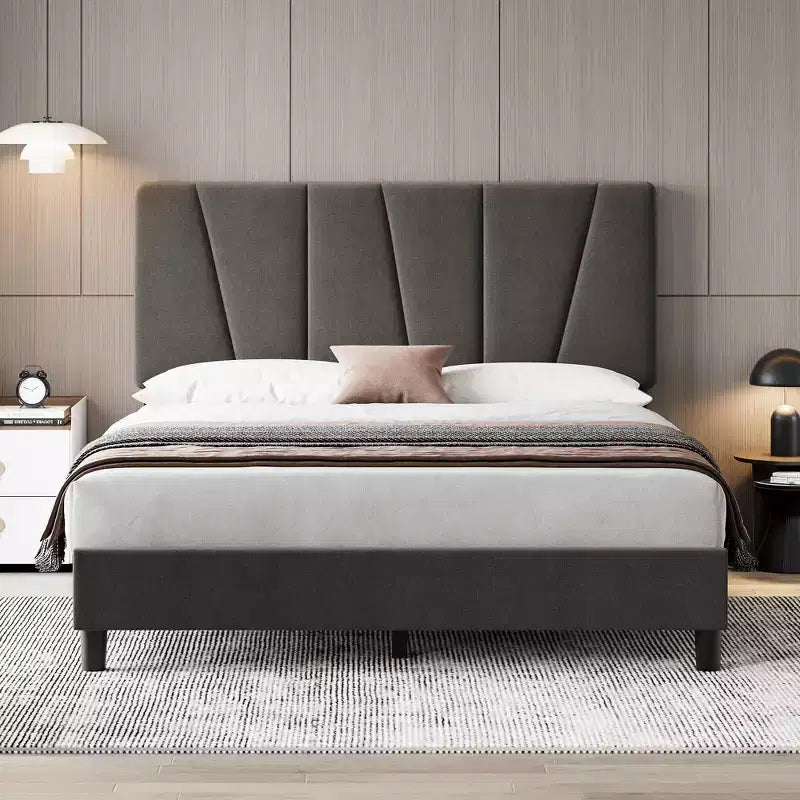 Full Size Adjustable Headboard Bed Frame, Linen Upholstered Platform Bed with Sturdy Wooden Slats, Mattress Foundation, No Box Spring Needed
