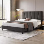 Cadre de lit grand format avec tête de lit réglable, lit plateforme en lin capitonné avec lattes en bois robustes, support de matelas, aucun sommier tapissier requis