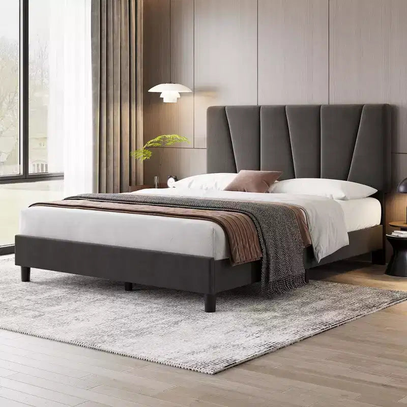 Cadre de lit grand format avec tête de lit réglable, lit plateforme en lin capitonné avec lattes en bois robustes, support de matelas, aucun sommier tapissier requis