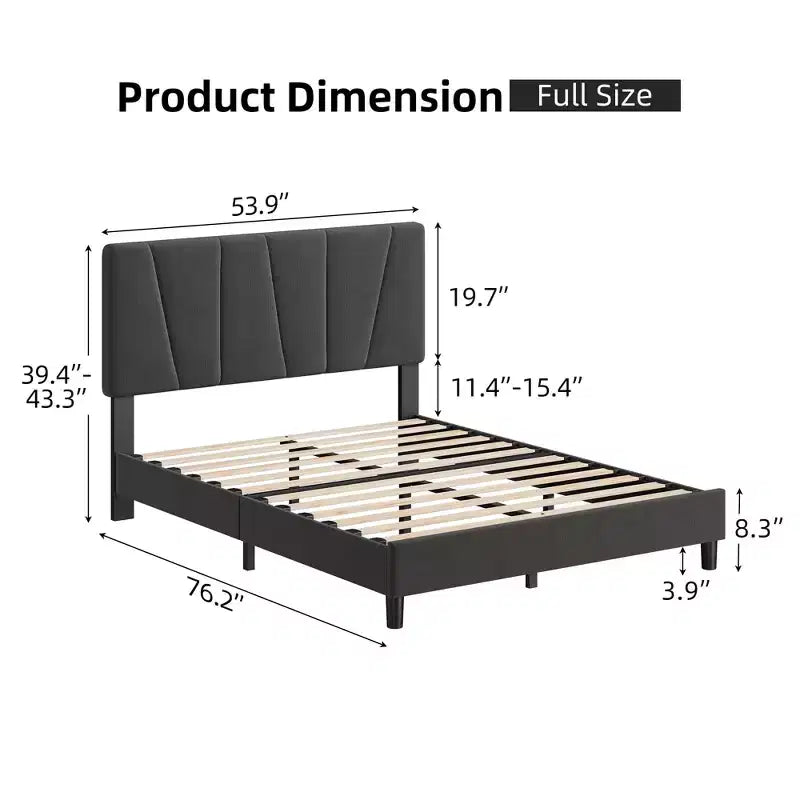 Cadre de lit grand format avec tête de lit réglable, lit plateforme en lin capitonné avec lattes en bois robustes, support de matelas, aucun sommier tapissier requis
