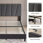 Cadre de lit grand format avec tête de lit réglable, lit plateforme en lin capitonné avec lattes en bois robustes, support de matelas, aucun sommier tapissier requis