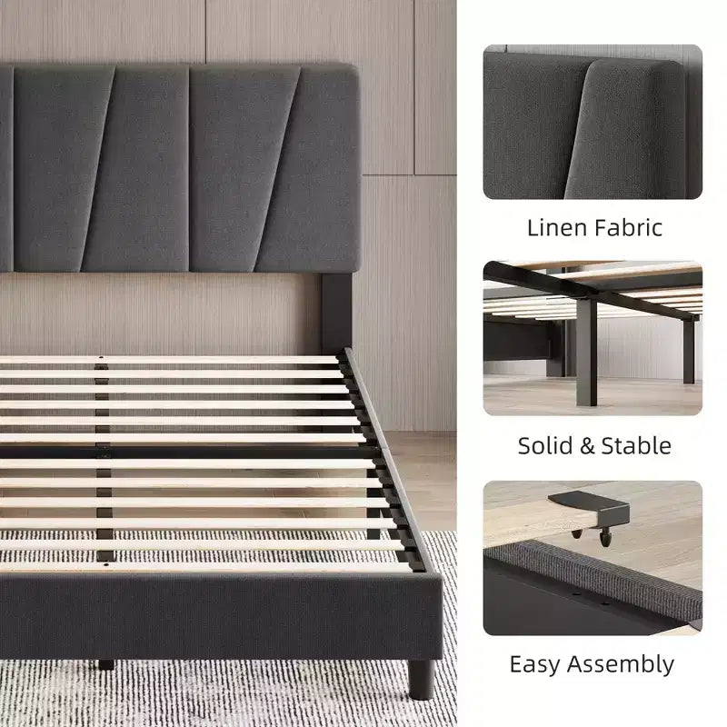 Cadre de lit grand format avec tête de lit réglable, lit plateforme en lin capitonné avec lattes en bois robustes, support de matelas, aucun sommier tapissier requis