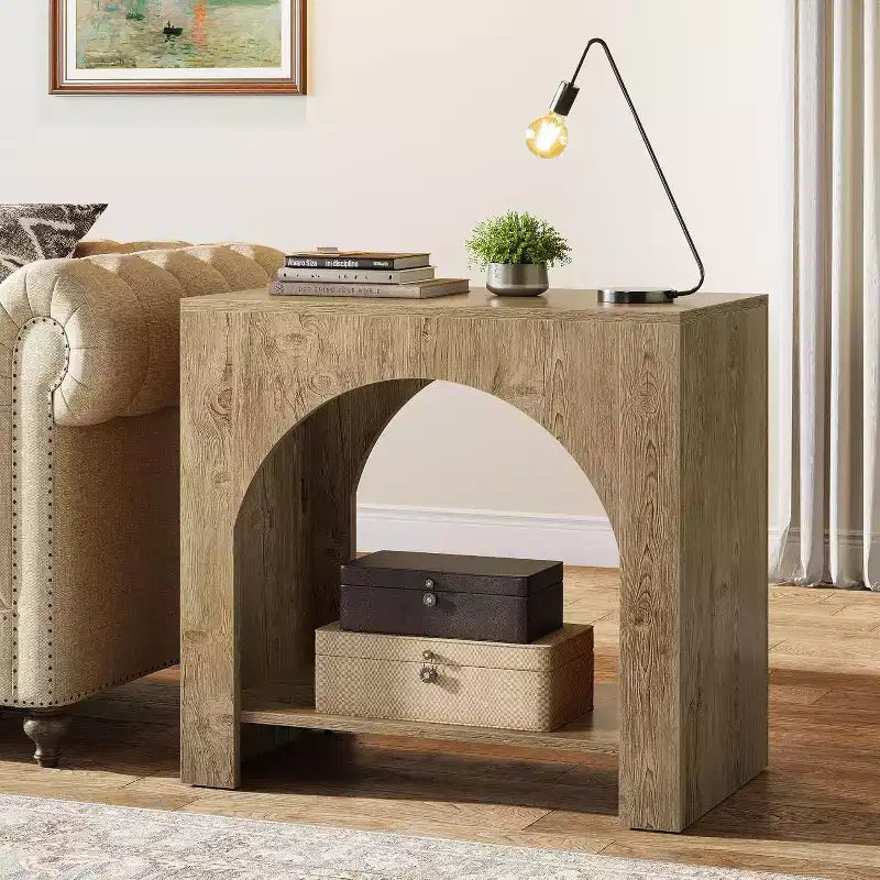 Lantine Farmhouse End Side Table: Large, heavy-duty wooden pedestal, storage, for living room/bedroom, accent furniture, Light Brown Oak.