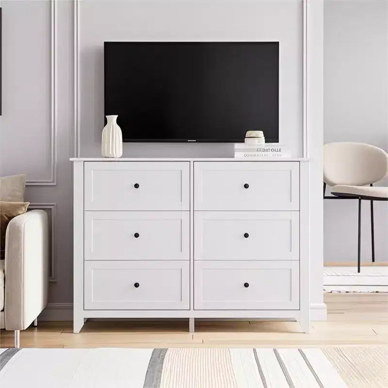 Acekool 6 Drawer White Dresser, Wooden Storage Chest of Drawers with Metal Handles for Bedroom, Living Room, Entryway