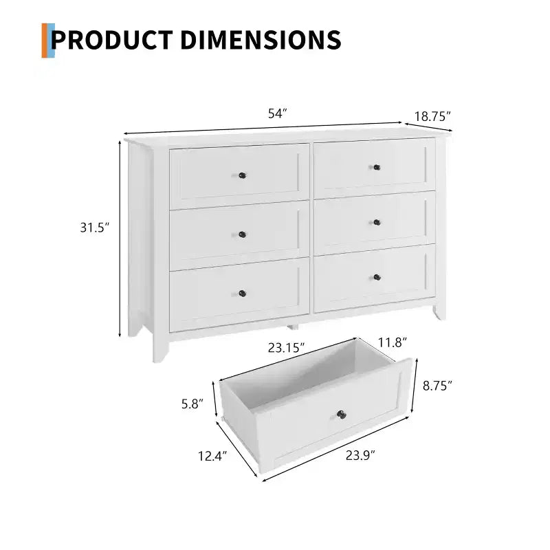 Commode blanche à 6 tiroirs, commode de rangement en bois avec poignées métalliques pour chambre à coucher, salon, entrée