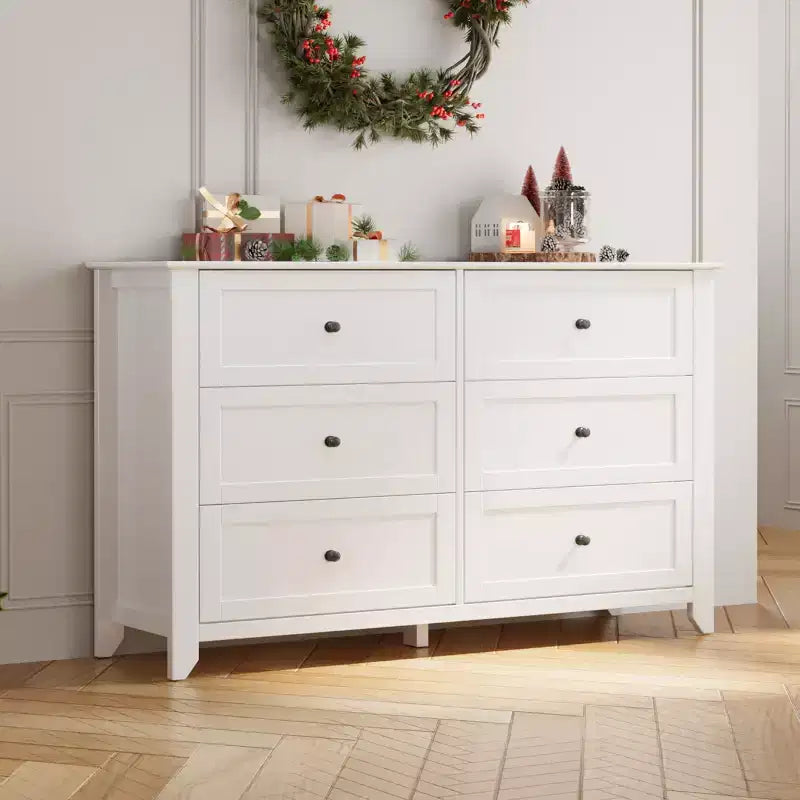 Commode blanche à 6 tiroirs, commode de rangement en bois avec poignées métalliques pour chambre à coucher, salon, entrée