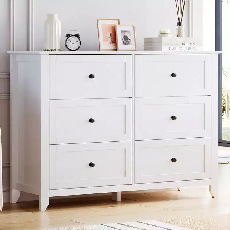 Commode blanche à 6 tiroirs, commode de rangement en bois avec poignées métalliques pour chambre à coucher, salon, entrée