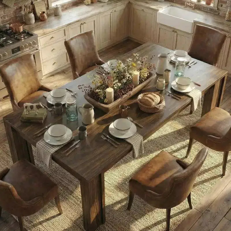 Table à manger de ferme pour 6-8 personnes, longue table rectangulaire en bois de 180 cm avec larges pieds en H et cadre robuste pour cuisine, salle à manger et appartement