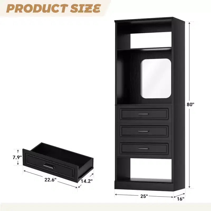Système de rangement avec 3 tiroirs, organisateur de garde-robe robuste avec miroir
