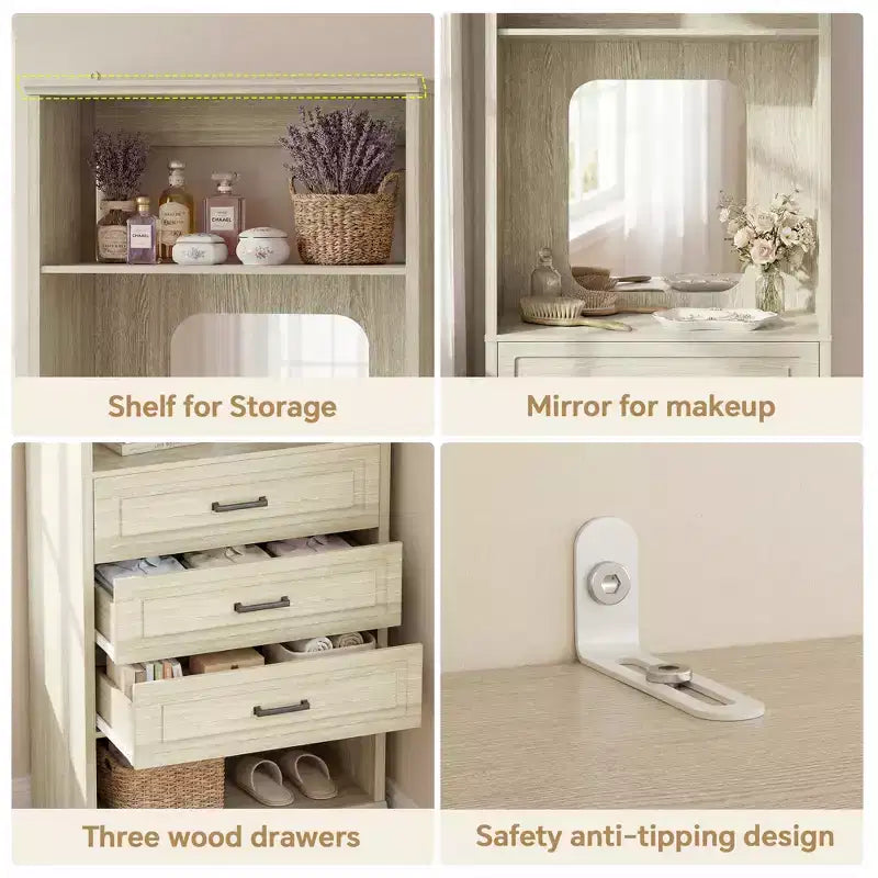 Système de rangement avec 3 tiroirs, organisateur de garde-robe robuste avec miroir