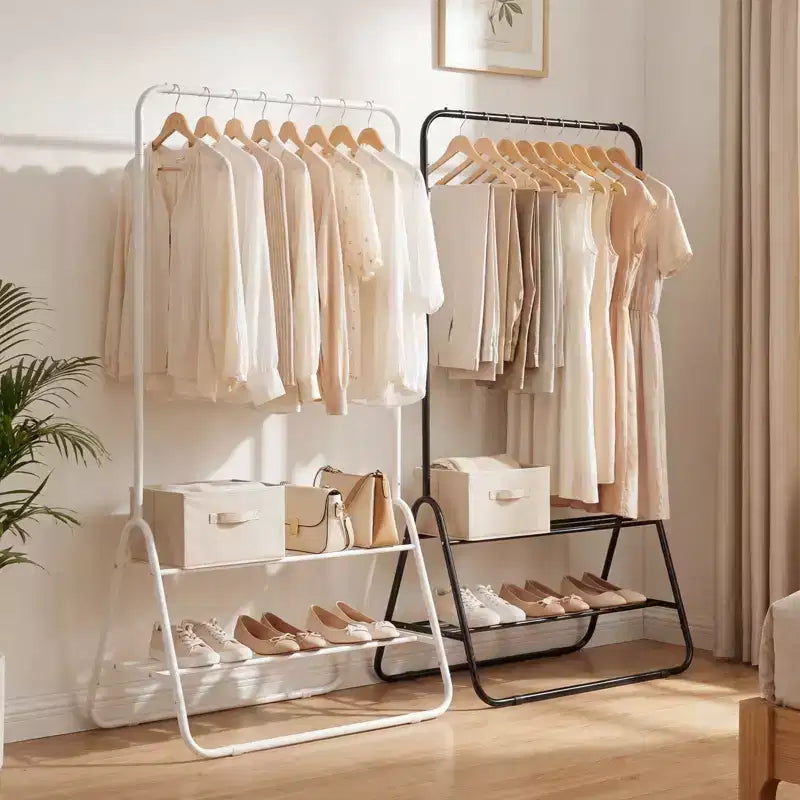Portant à vêtements robuste en métal avec tringle et étagères de rangement Blanc/Noir