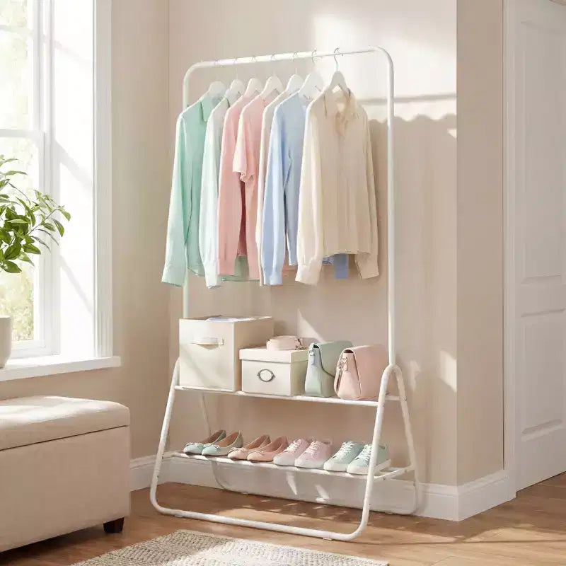 Portant à vêtements robuste en métal avec tringle et étagères de rangement Blanc/Noir