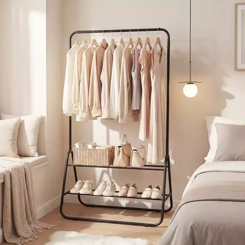 Portant à vêtements robuste en métal avec tringle et étagères de rangement Blanc/Noir