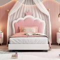 Twin Upholstered Princess Bed with Crown Headboard, Platform Bed with Headboard and Footboard, Cream and Pink
