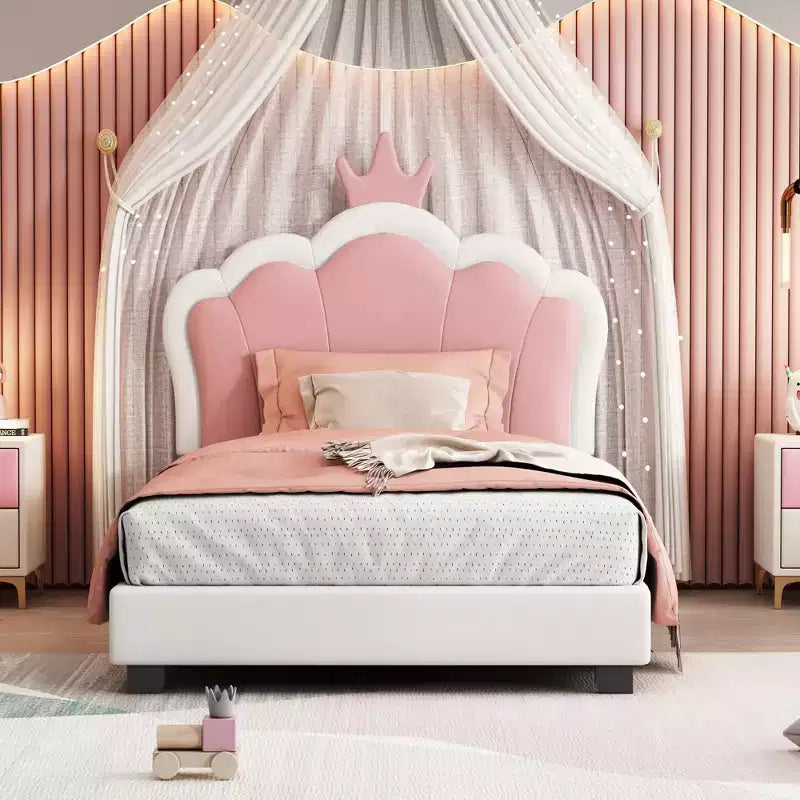 Twin Upholstered Princess Bed with Crown Headboard, Platform Bed with Headboard and Footboard, Cream and Pink