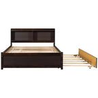 Sailvan Full Size Platform Bed with Trundle and Storage Bookcase Headboard, Solid Pine Wood