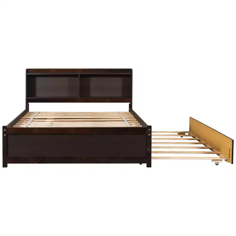Sailvan Full Size Platform Bed with Trundle and Storage Bookcase Headboard, Solid Pine Wood