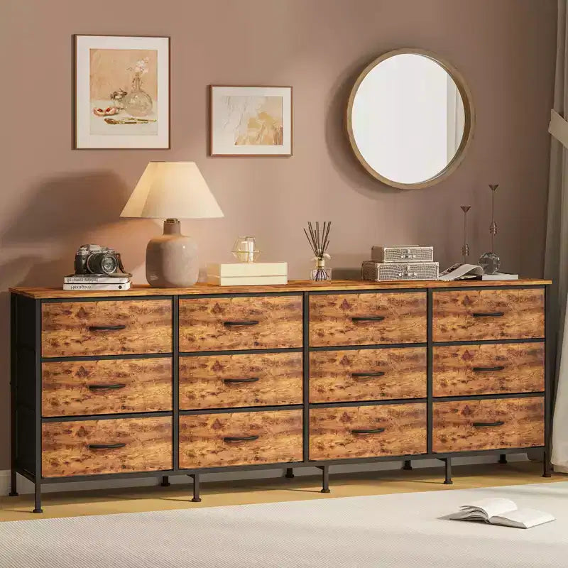 70 Inch TV Stands for Living Room, 12 Fabric Drawers, Charging Station, Long Entertainment Center Up to 80 Inch TV, w/ Storage for Bedroom, Entryway
