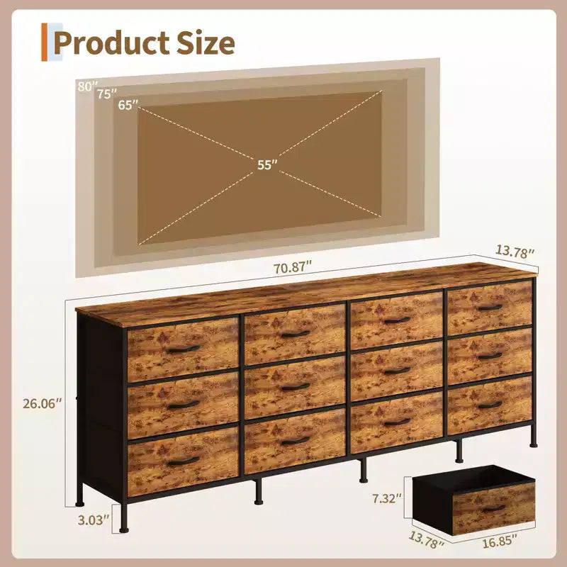 Meuble TV 178 cm pour salon, 12 tiroirs en tissu, station de recharge, long meuble TV jusqu'à 203 cm, avec rangement pour chambre, entrée