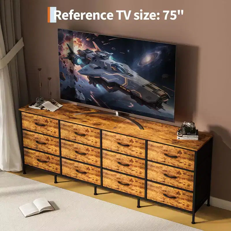 Meuble TV 178 cm pour salon, 12 tiroirs en tissu, station de recharge, long meuble TV jusqu'à 203 cm, avec rangement pour chambre, entrée