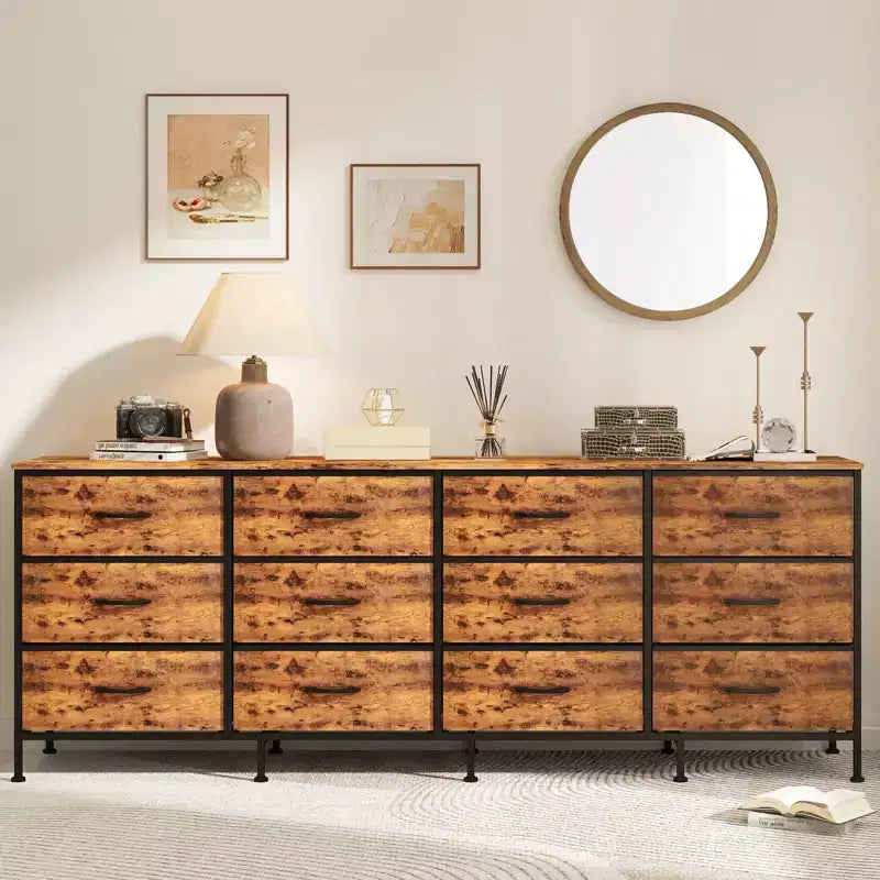 Meuble TV 178 cm pour salon, 12 tiroirs en tissu, station de recharge, long meuble TV jusqu'à 203 cm, avec rangement pour chambre, entrée