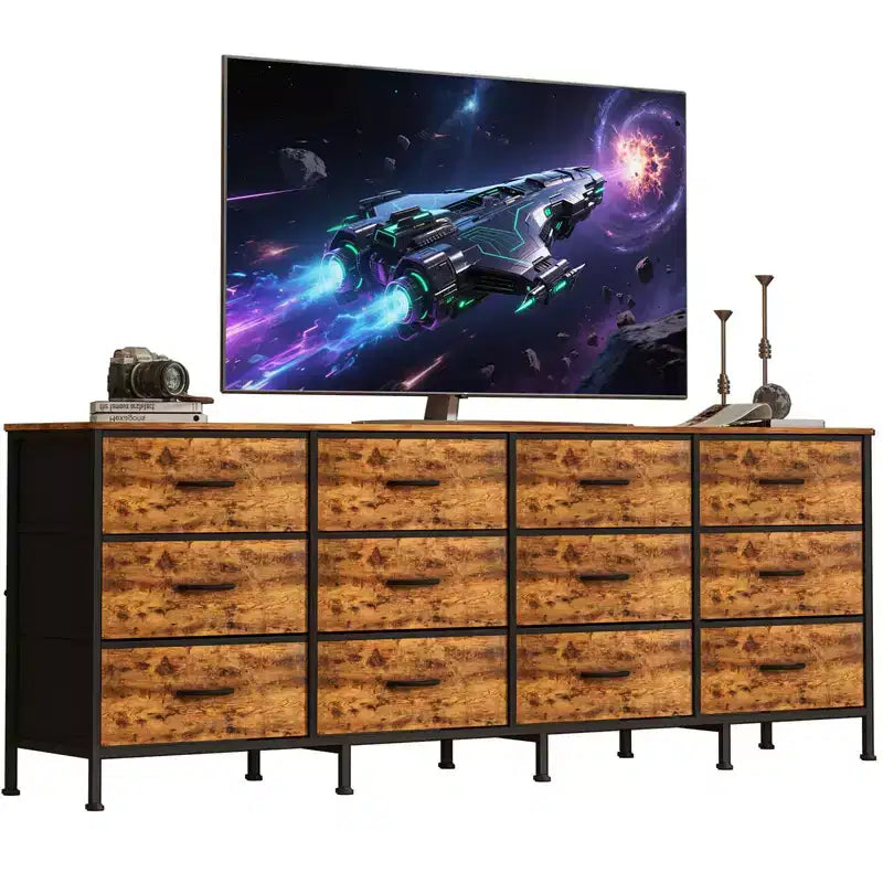 Meuble TV 178 cm pour salon, 12 tiroirs en tissu, station de recharge, long meuble TV jusqu'à 203 cm, avec rangement pour chambre, entrée